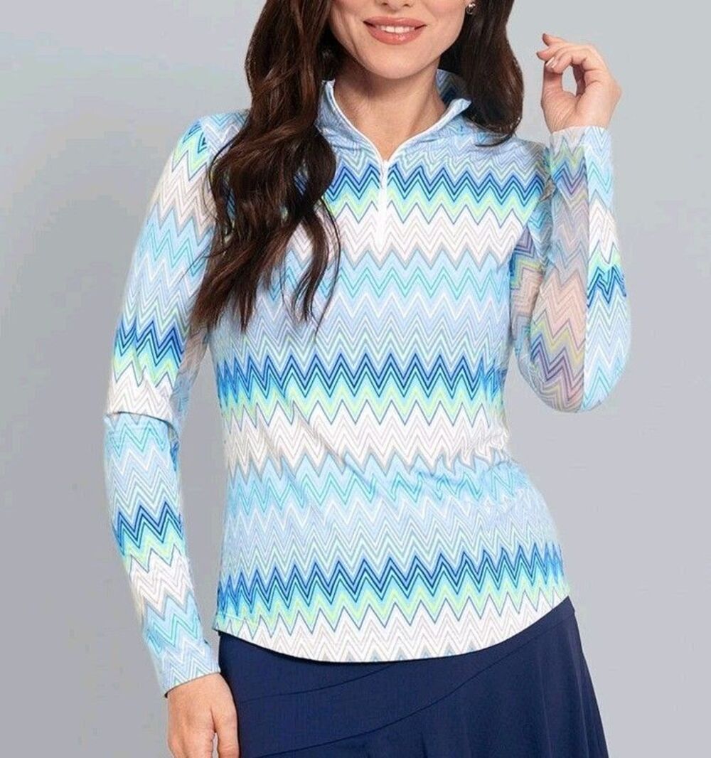 IBKUL Susan Seafoam Multi Long Sleeve 1/1 Zip Mock Neck Top Shirt - M